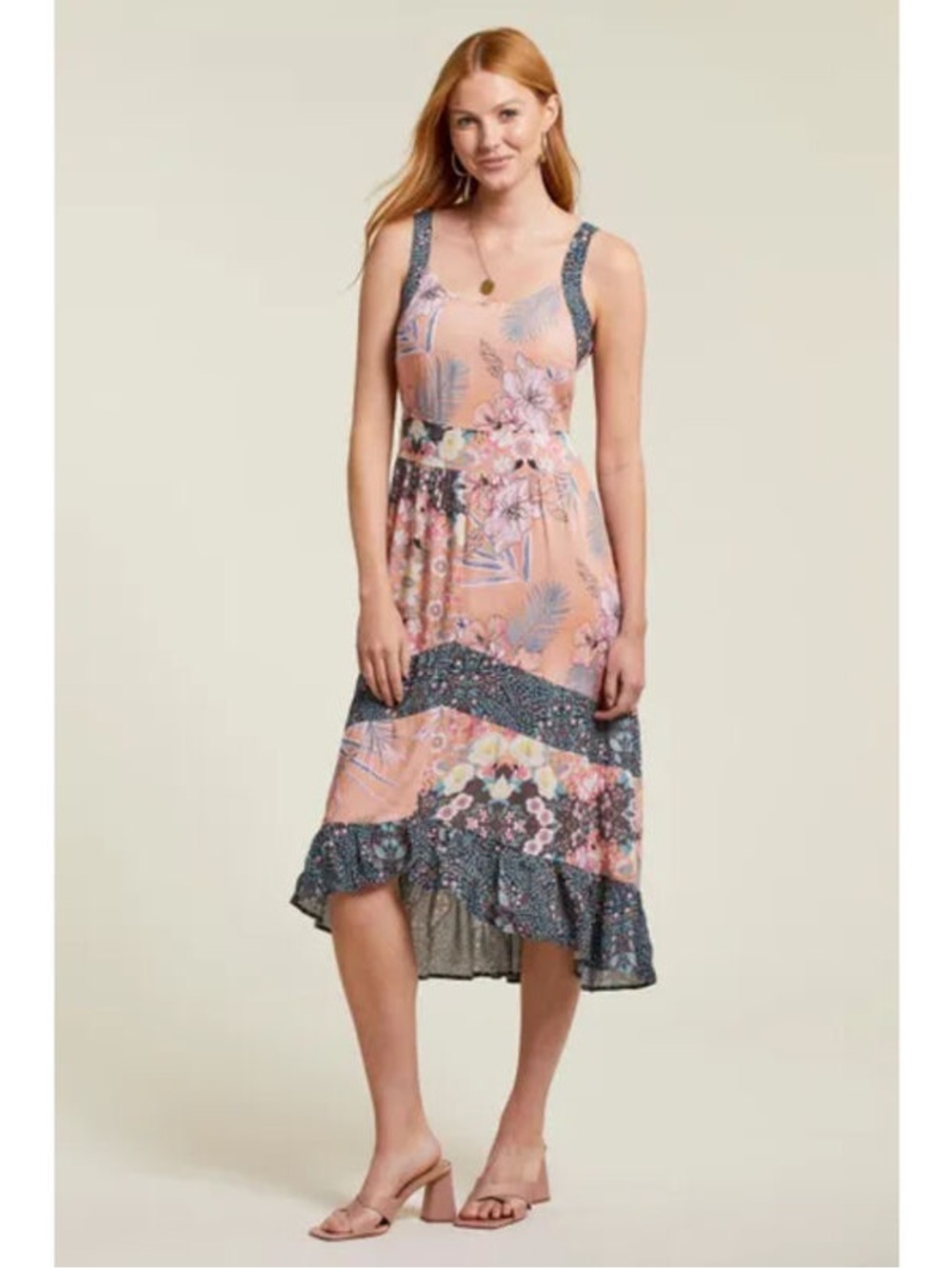 Tribal Femme High-Low Patchwork Boho Hippie Print Maxi Dress